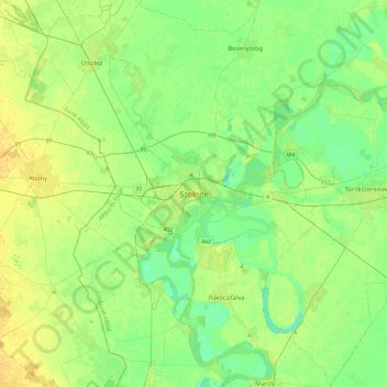 Szolnok topographic map, elevation, terrain
