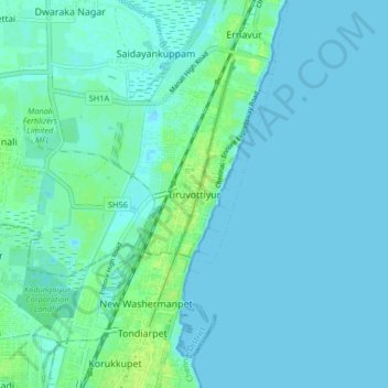Tiruvottiyur topographic map, elevation, terrain