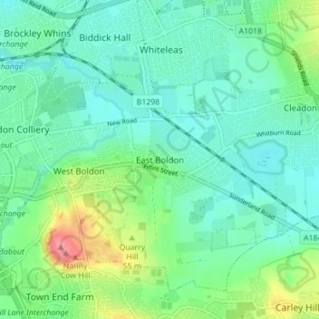 East Boldon topographic map, elevation, terrain