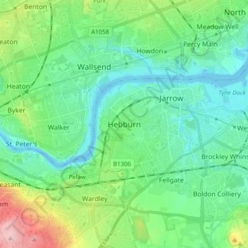 Hebburn topographic map, elevation, terrain