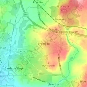 Penllergaer topographic map, elevation, terrain