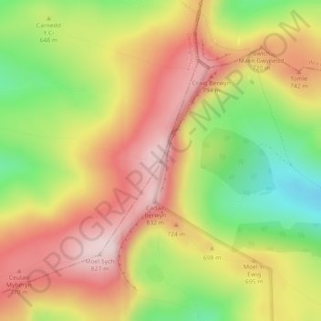 Cadair Berwyn North Top topographic map, elevation, terrain