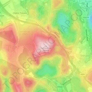 Hensbarrow Downs topographic map, elevation, terrain