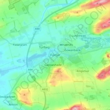 Forfar topographic map, elevation, terrain
