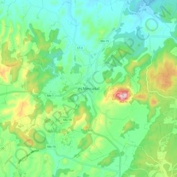 Es Mercadal topographic map, elevation, terrain