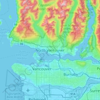 North Vancouver topographic map, elevation, terrain