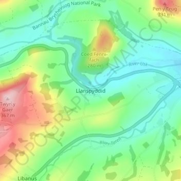 Llanspyddid topographic map, elevation, terrain