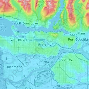 Burnaby topographic map, elevation, terrain