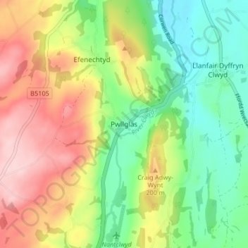 Pwllglas topographic map, elevation, terrain
