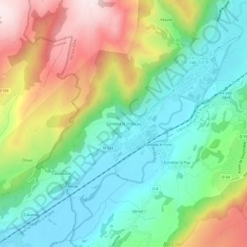 Comblat le Château topographic map, elevation, terrain