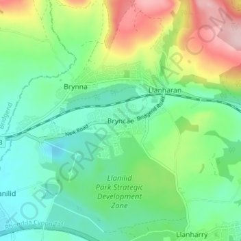 Bryncae topographic map, elevation, terrain
