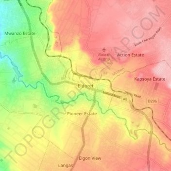 Eldoret topographic map, elevation, terrain