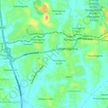 Homagama South topographic map, elevation, terrain