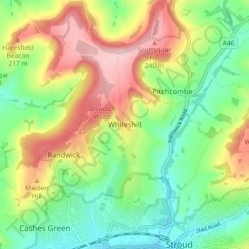 Whiteshill topographic map, elevation, terrain
