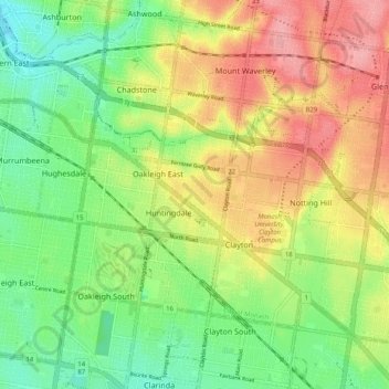 Oakleigh East topographic map, elevation, terrain