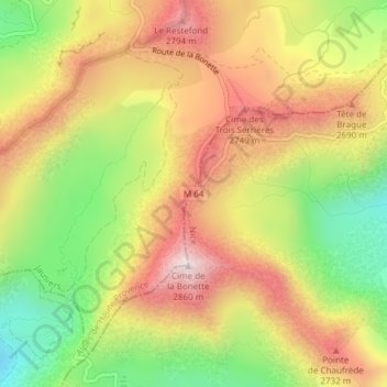 Col de la Bonette topographic map, elevation, terrain