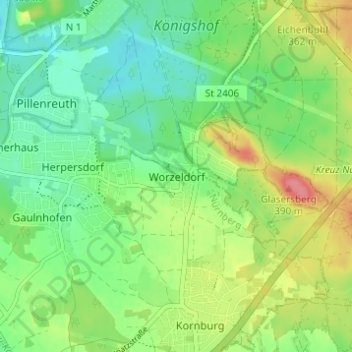 Worzeldorf topographic map, elevation, terrain