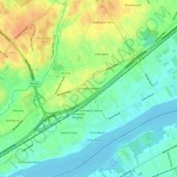 Cornwells Heights topographic map, elevation, terrain