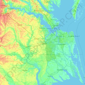 Suffolk (city) topographic map, elevation, terrain