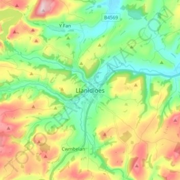 Llanidloes topographic map, elevation, terrain