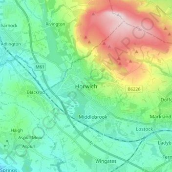 Horwich topographic map, elevation, terrain