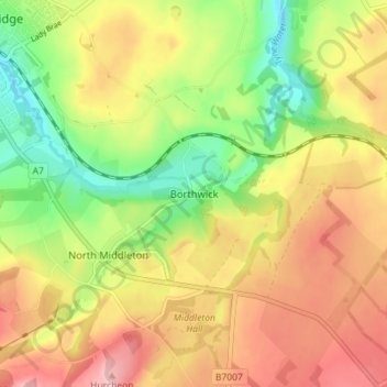 Borthwick topographic map, elevation, terrain