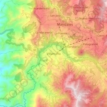 Villamaría topographic map, elevation, terrain