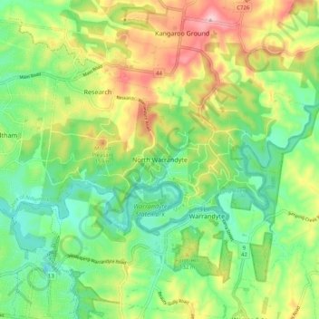 North Warrandyte topographic map, elevation, terrain