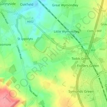 Redcoats Green topographic map, elevation, terrain