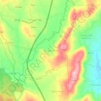 Vilar das Almas topographic map, elevation, terrain