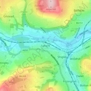 Saltaire topographic map, elevation, terrain
