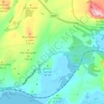 Pentrefelin topographic map, elevation, terrain