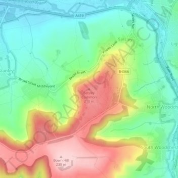 Selsley Common topographic map, elevation, terrain