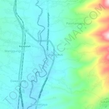 Cihaurbeuti topographic map, elevation, terrain
