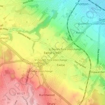 Ewloe Green topographic map, elevation, terrain