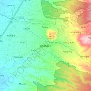 Jenangan topographic map, elevation, terrain