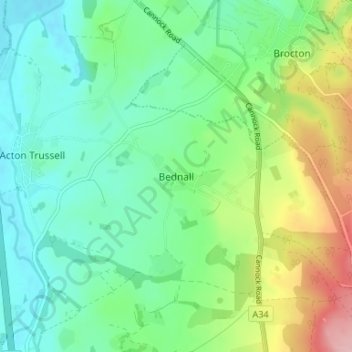 Bednall topographic map, elevation, terrain