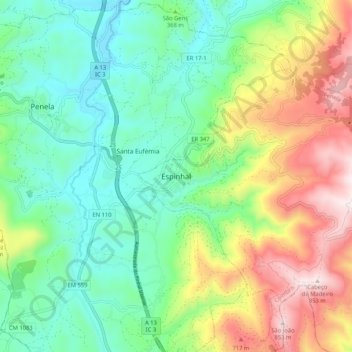 Espinhal topographic map, elevation, terrain
