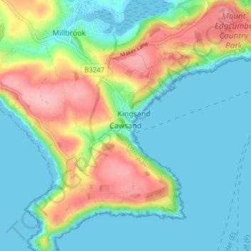 Cawsand topographic map, elevation, terrain