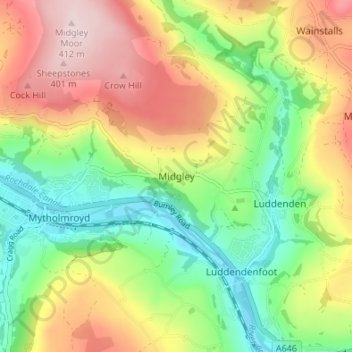 Midgley topographic map, elevation, terrain