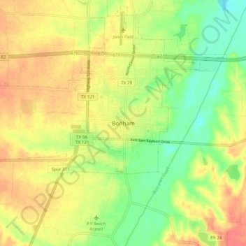 Bonham topographic map, elevation, terrain