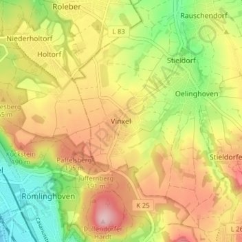 Vinxel topographic map, elevation, terrain