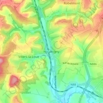 Houdrigny topographic map, elevation, terrain