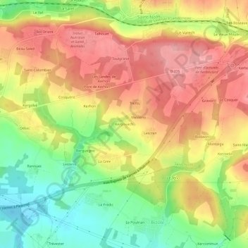 Kergouach topographic map, elevation, terrain