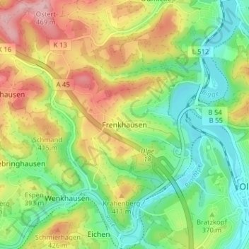 Frenkhausen topographic map, elevation, terrain