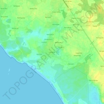 Kergouët topographic map, elevation, terrain