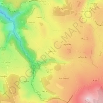 Souteyros topographic map, elevation, terrain