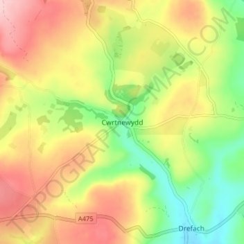 Cwrtnewydd topographic map, elevation, terrain