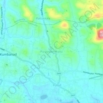 Purayidathilkavu topographic map, elevation, terrain