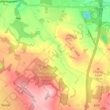 Oaks in Charnwood topographic map, elevation, terrain